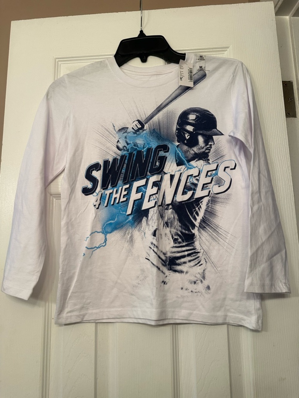 Kids 'Swing the Fences' Graphic Baseball Long Sleeve Shirt - White/Blue